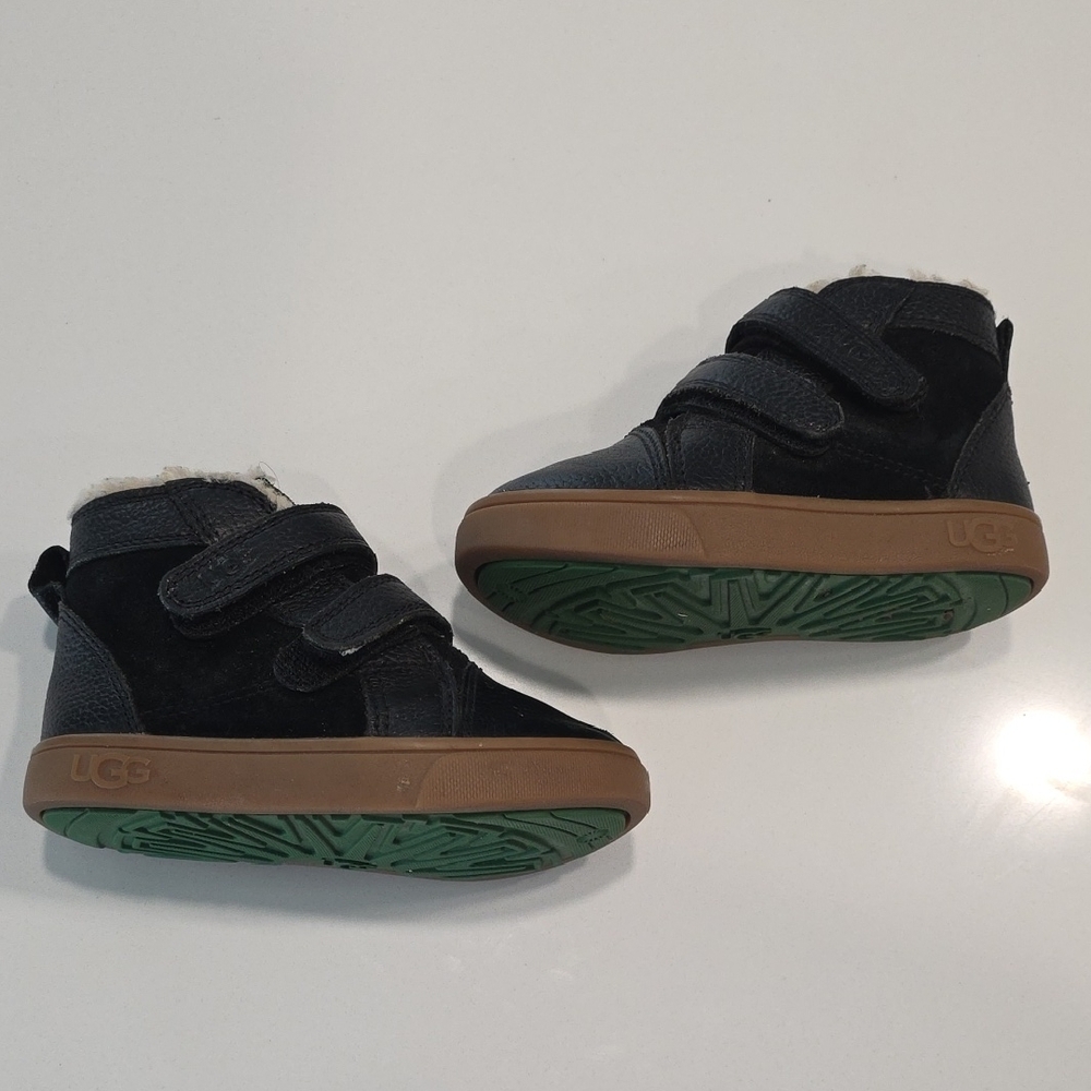 UGG Kids Black and Tan Boots with Green Soles 7C